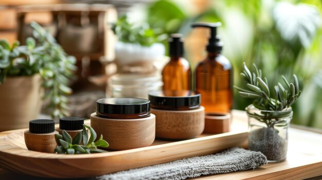 a wooden tray with bottles of medicine and flowers on it