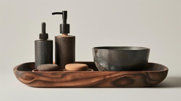 Photo a wooden tray with a bowl and a bowl with two bottles of soaps on it