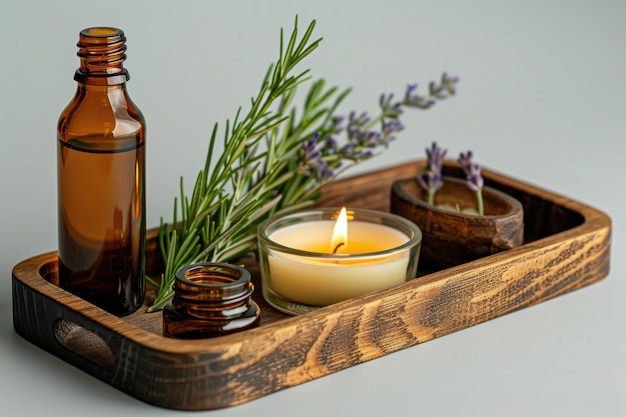 A Wooden Tray With A Burning Candle Essential Oil Bottle And Lavender And Rosemary Sprigs