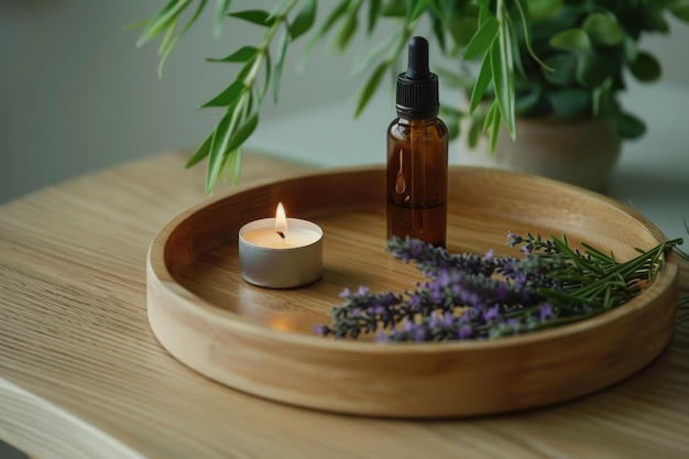 A Wooden Tray With a Burning Candle Essential Oil and Lavender Flowers