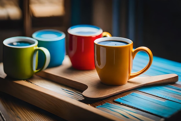 a wooden tray with colorful mugs and cups on it