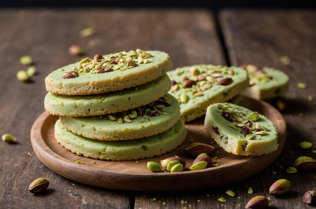 a wooden tray with cookies and nuts on it