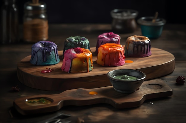 A wooden tray with different colored cakes on it with a bowl of green sauce in the background.