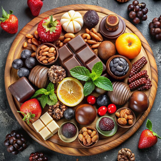 Photo a wooden tray with different types of fruits and nuts on it