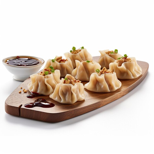 A wooden tray with dumplings and a bowl of sauce on it.