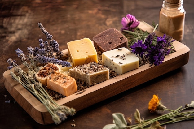 Wooden tray with herbal soap surrounded by dried flowers such as lavender chamomile and calendula