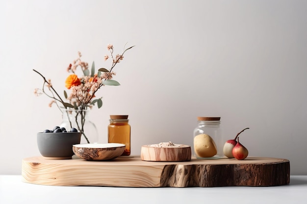 A wooden tray with a jar of fruit on it and a vase of flowers on the table.