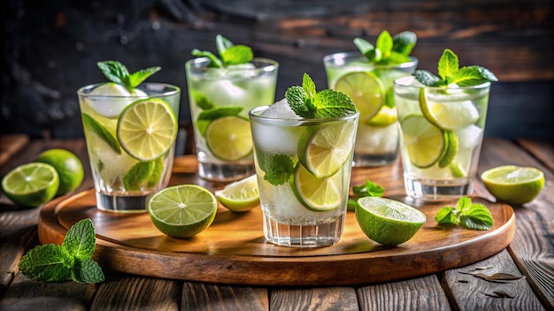 a wooden tray with limes and limes on it