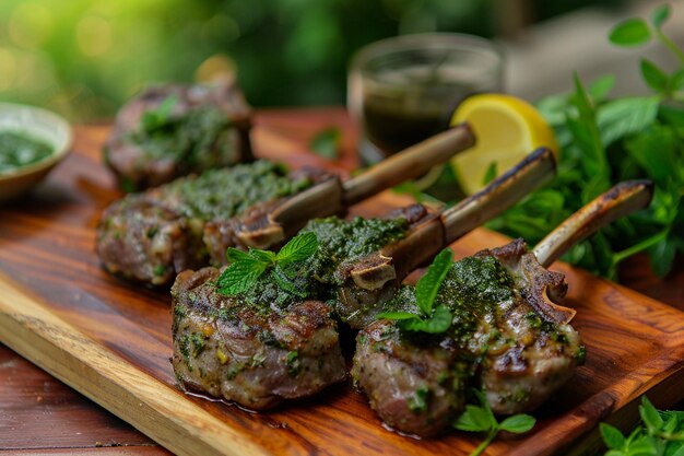 Photo a wooden tray with meat and vegetables on it and a lemon wedge on the side