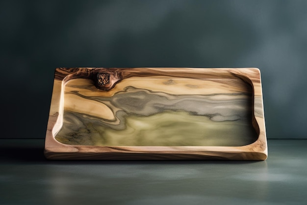 A wooden tray with a natural pattern and a wooden frame.