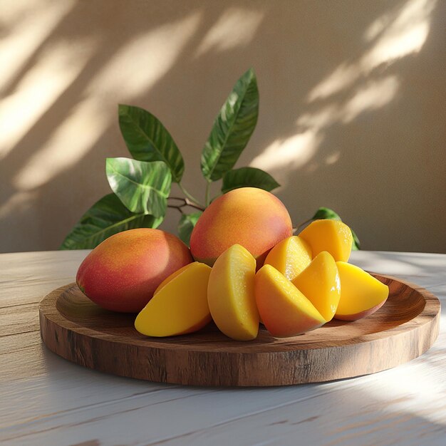 Photo a wooden tray with peaches and mangoes on it