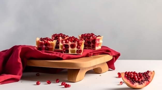 A wooden tray with pomegranate slices and a slice of pomegranate.