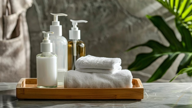 a wooden tray with several bottles of shampoo and lotion on it