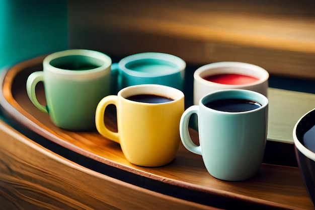 a wooden tray with several mugs of coffee and a cup of coffee