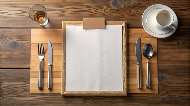 a wooden tray with silverware and a piece of paper on it