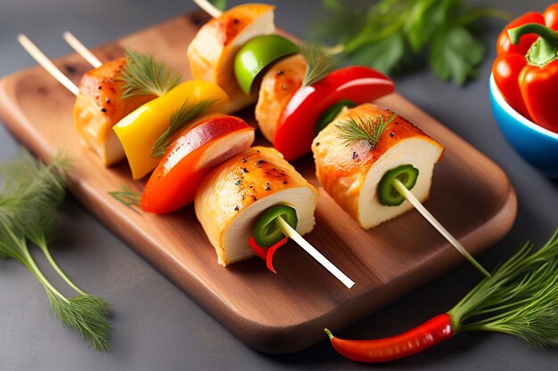 A wooden tray with skewers of vegetables and a red pepper on it.