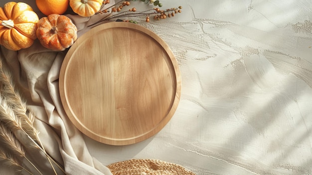 A wooden tray with some pumpkins autumn banner top view