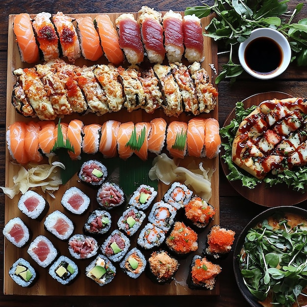 a wooden tray with sushi on it including sushi and sushi