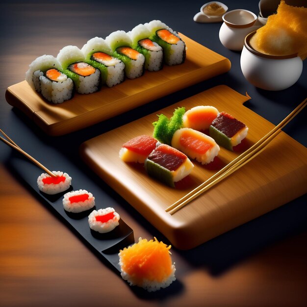 A wooden tray with sushi and other sushi on it