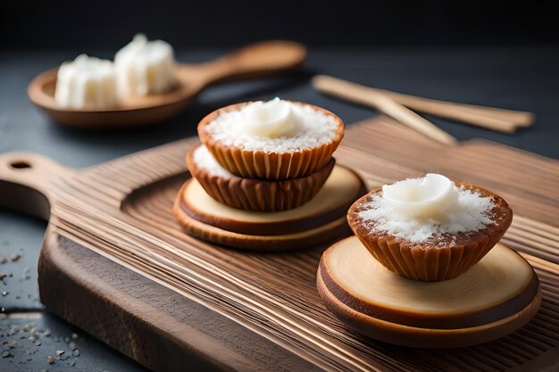 A wooden tray with three small muffins with a coconut butter filling on top.