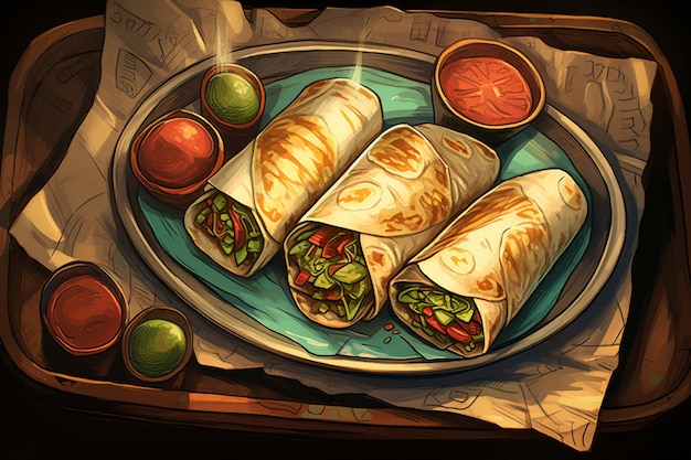 A wooden tray with two burritos and a tomato on it