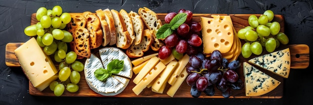 A wooden tray with a variety of cheeses bread and grapes