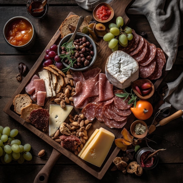 A wooden tray with a variety of cheeses and grapes on it.