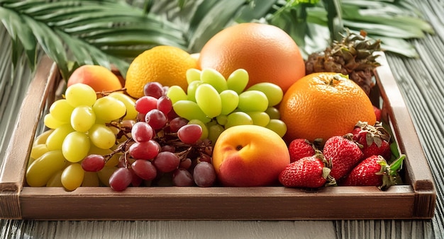 a wooden tray with a variety of fruits including grapes oranges and other fruits