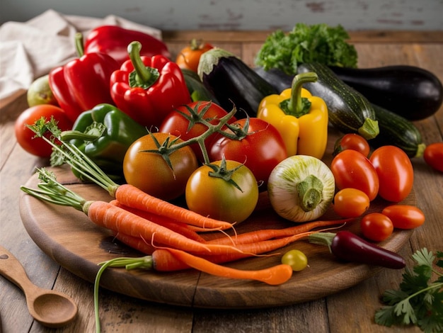 a wooden tray with a variety of vegetables including carrots celery and celery