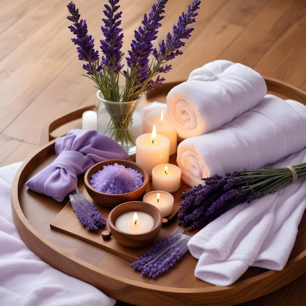 A wooden tray with various spa and wellness items including lavender flowers white towels candles