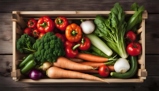 a wooden tray with vegetables including carrots radishes onions and other vegetables