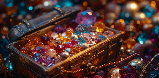 Photo wooden treasure chest filled with colorful gems and jewels