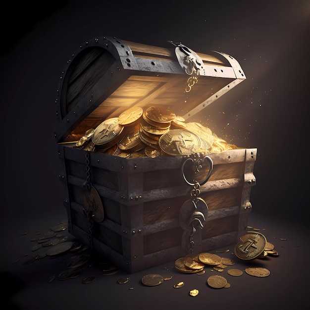 A wooden treasure chest with gold coins and a light shining on it.