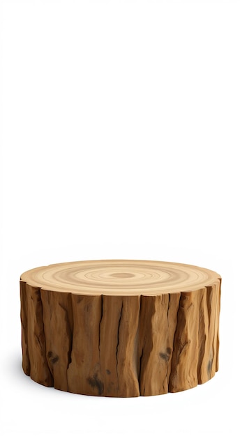 A wooden tree stump with a smooth flat top perfect for displaying products