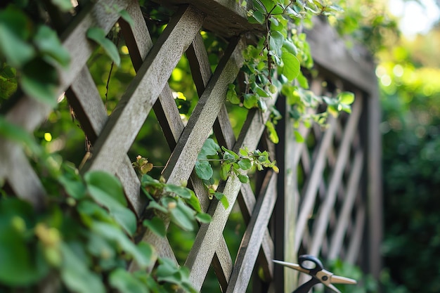 Photo wooden trellis adorned with climbing vines in a lush garden during daylight