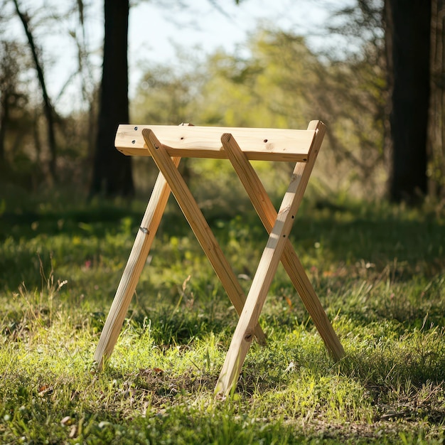 Photo wooden trestle stand positioned in a sunlit meadow during daytime