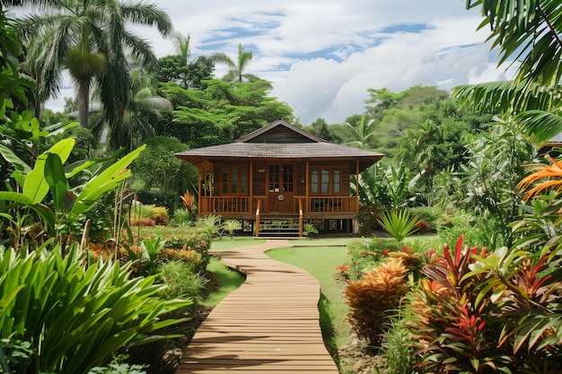 Photo wooden tropical bungalow surrounded by a lush garden