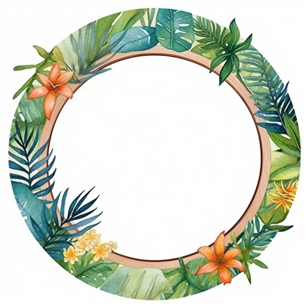 Wooden tropical leaves flowers circle frame white background AI Generated art