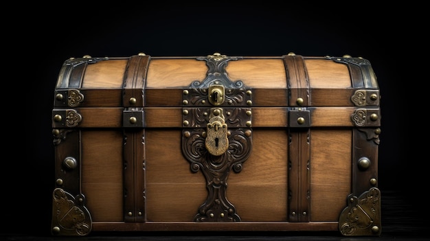 a wooden trunk with a lock on the top.