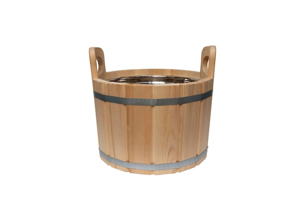 Wooden tub held by two steel hoops isolated on whitetub wooden tank for water