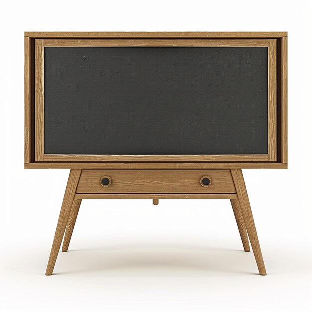 a wooden tv stand with a black screen that says  the word  on it