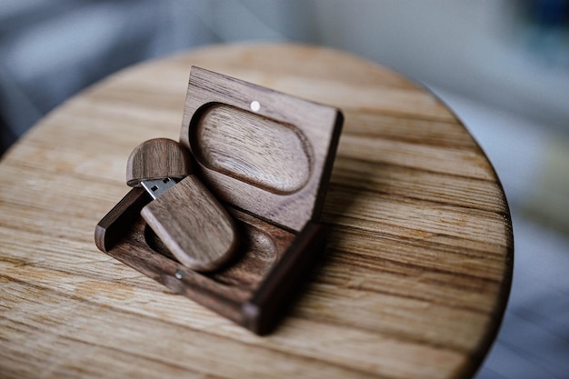 Wooden usb flash drive in a box of solid wood Handwork