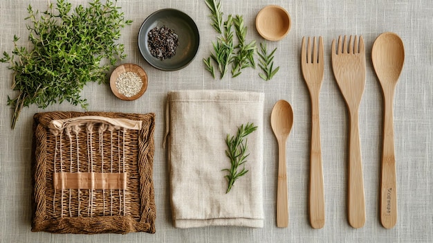 Photo wooden utensils herbs and natural elements on rustic tabletop