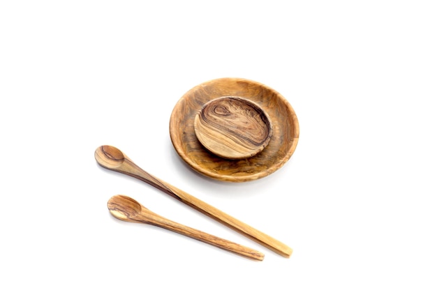 Wooden utensils on a white background