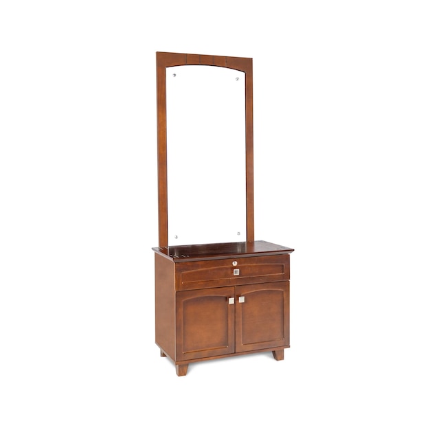 A wooden vanity with a mirror and a mirror