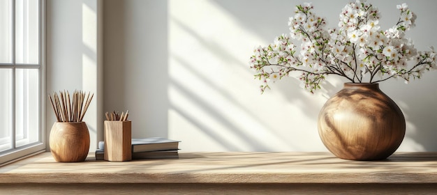 Photo wooden vase with white flowers on windowsill