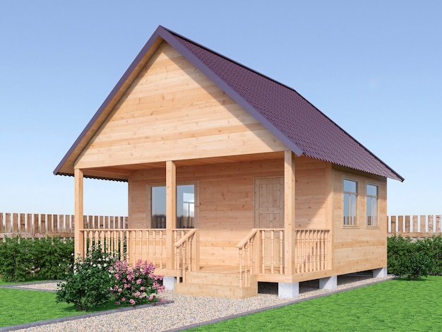 Wooden village house or sauna in the garden exterior. 3d render illustration.