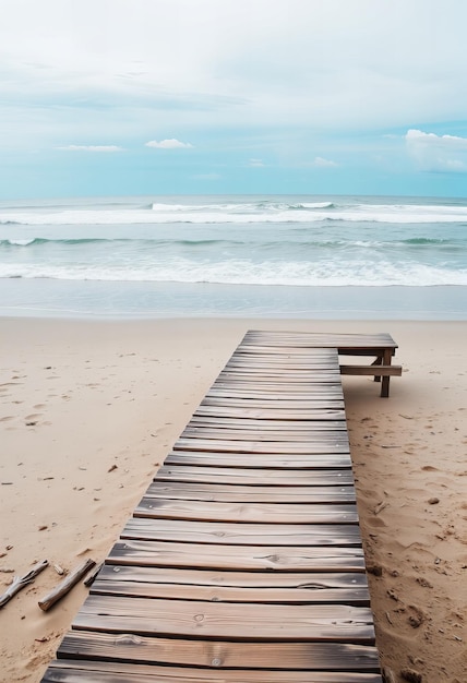 a wooden walkway is on the beach and the ocean is in the background