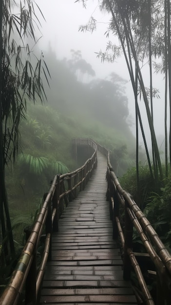 A wooden walkway leads to a bamboo forest.