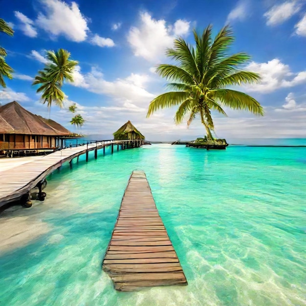 a wooden walkway leads to a beach that has palm trees on it